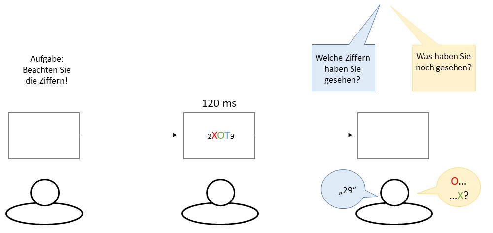 Bild 1: Versuchsaufbau nach Treisman und Schmidt (1982). Versuchspersonen sollen Ziffern berichten, dadurch wird ihre Aufmerksamkeit von den farbigen Buchstaben abgelenkt. Die Ziffern und Buchstaben werden nur sehr kurz gezeigt. Anschließend sollen die Versuchspersonen berichten, was sie gesehen haben. Hier werden oft illusorische Verbindungen zwischen unbeachteten Objektmerkmalen berichtet. Bild 1: Versuchsaufbau nach Treisman und Schmidt (1982). Versuchspersonen sollen Ziffern berichten, dadurch wird ihre Aufmerksamkeit von den farbigen Buchstaben abgelenkt. Die Ziffern und Buchstaben werden nur sehr kurz gezeigt. Anschließend sollen die Versuchspersonen berichten, was sie gesehen haben. Hier werden oft illusorische Verbindungen zwischen unbeachteten Objektmerkmalen berichtet.