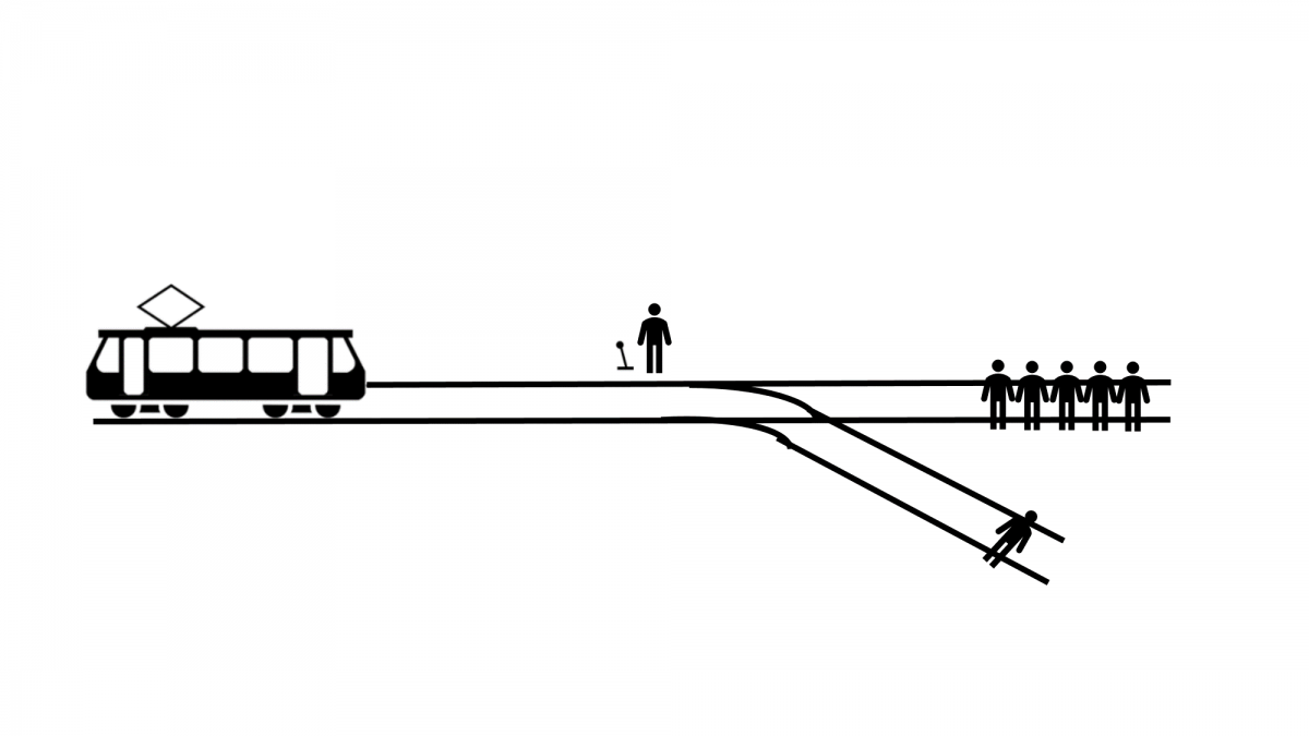 Bild 2: Was wäre hier die richtige moralische Entscheidung: Zug umlenken oder weiter geradeaus fahren lassen?