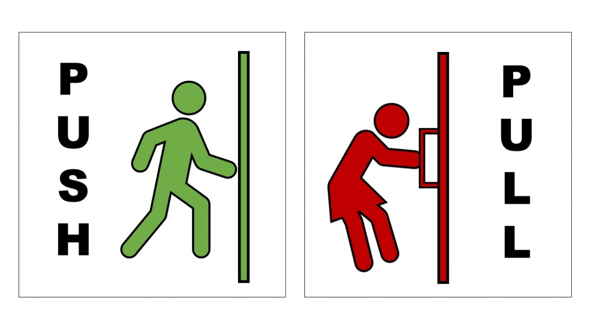 Bild 3: Unser Alltag ist voll von beständigen Verbindungen zwischen Reizen und Reaktionen: Im angloamerikanischen Raum signalisieren Türgriffe eine „Ziehen“ Reaktion; fehlende Türgriffe signalisieren eine „Drücken“ Reaktion. Bild 3: Unser Alltag ist voll von beständigen Verbindungen zwischen Reizen und Reaktionen: Im angloamerikanischen Raum signalisieren Türgriffe eine „Ziehen“ Reaktion; fehlende Türgriffe signalisieren eine „Drücken“ Reaktion.