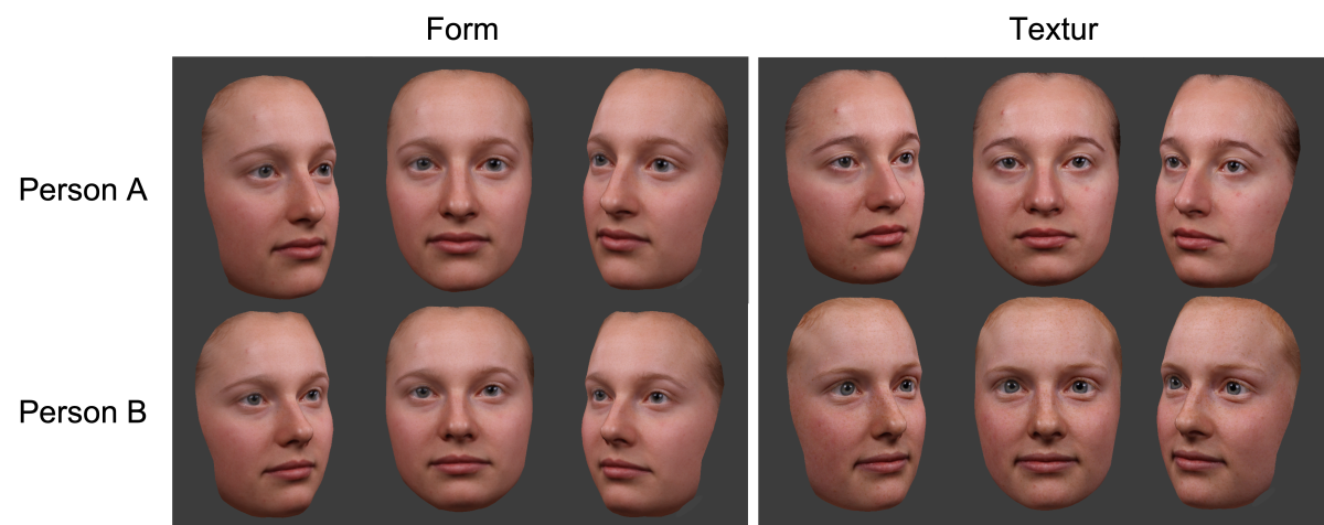 Bild 3: Beispielhafte Illustration für parameterspezifische Informationen von Person A (oben) oder Person B (unten). Parameterspezifische Information ist separat gezeigt für Form, wobei Texturinformation zwischen Personen standardisiert wurde (linke Hälfte) oder für Textur, wobei Forminformation zwischen Personen standardisiert wurde. Die drei benachbarten Bilder illustrieren lediglich drei Blickwinkel auf dieselbe 3D-Objektdatei. Bitte beachten Sie, dass „Person A“ und „Person B“ hier Informationen zu denselben Identitäten zeigen, die auch in Bild 1 abgebildet sind. Bitte beachten Sie auch, dass wir den Begriff “Textur” hier als Synonym zum Begriff „Oberflächenreflektanz verwenden. Bild 3: Beispielhafte Illustration für parameterspezifische Informationen von Person A (oben) oder Person B (unten). Parameterspezifische Information ist separat gezeigt für Form, wobei Texturinformation zwischen Personen standardisiert wurde (linke Hälfte) oder für Textur, wobei Forminformation zwischen Personen standardisiert wurde. Die drei benachbarten Bilder illustrieren lediglich drei Blickwinkel auf dieselbe 3D-Objektdatei. Bitte beachten Sie, dass „Person A“ und „Person B“ hier Informationen zu denselben Identitäten zeigen, die auch in Bild 1 abgebildet sind. Bitte beachten Sie auch, dass wir den Begriff “Textur” hier als Synonym zum Begriff „Oberflächenreflektanz verwenden.