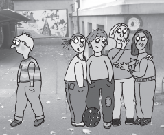 Soziale Ausgrenzung auf dem Schulhof: Opfer von Mobbing stehen oft alleine einer ganzen Gruppen gegenüber. Bild: Gezeichnet und Eigentum von Marianne Kauer. Soziale Ausgrenzung auf dem Schulhof: Opfer von Mobbing stehen oft alleine einer ganzen Gruppen gegenüber. Bild: Gezeichnet und Eigentum von Marianne Kauer.
