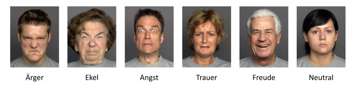 Abbildung 1. Beispiele aus einer Datenbank mit altersfairen mimischen Emotionsausdrücken von Erwachsenen unterschiedlichen Alters (Ebner, Riediger und Lindenberger, 2010). Bild von Blanke, Rauers & Riediger