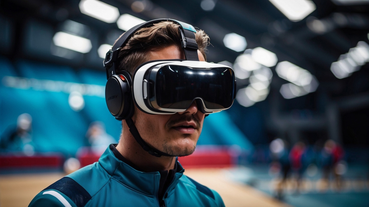 Abbildung 4: Ein olympischer Athlet nutzt Virtual Reality in einer Trainingshalle (KI-generiert). Abbildung 4: Ein olympischer Athlet nutzt Virtual Reality in einer Trainingshalle (KI-generiert).